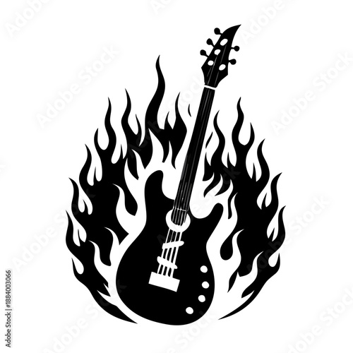 electric guitar in fiery surreal flames icon silhouette illustration for music and rock design 
