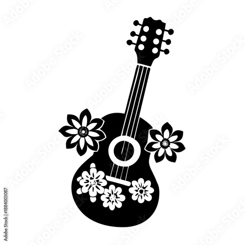 acoustic guitar with blooming flowers icon silhouette illustration for music and floral design