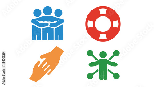 A graphic illustration of teamwork, support, and safety icons on a white background