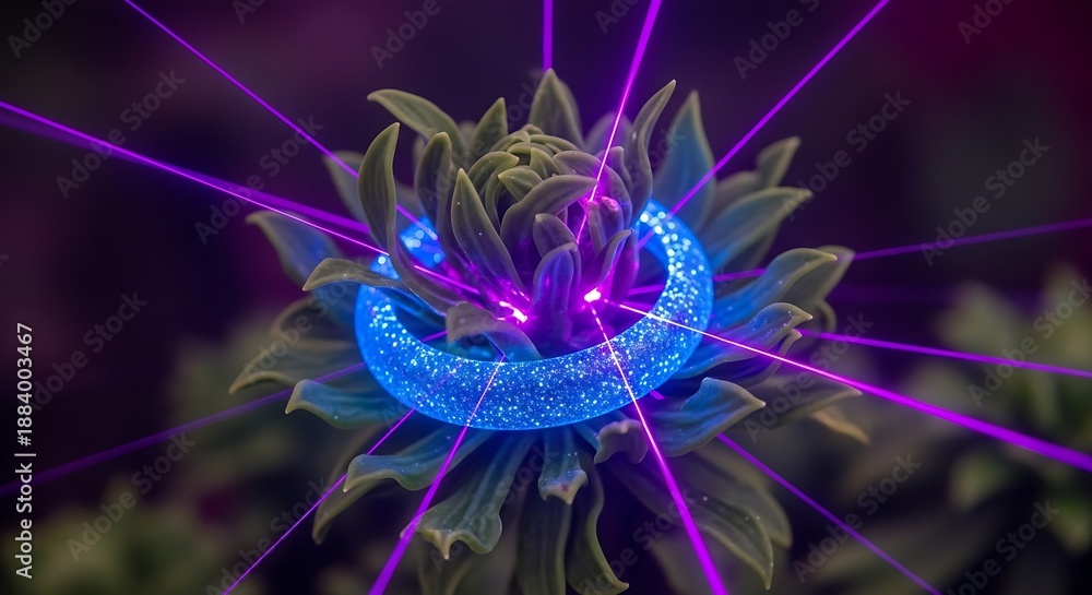 Obraz premium Mystical bloom encircled by celestial light streams and glowing ring
