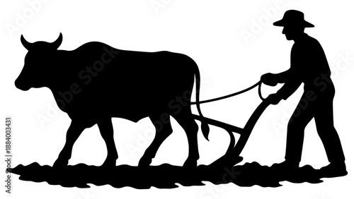 Farmer guides ox plowing field, symbolizing traditional agriculture and hard work.