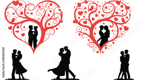 A romantic illustration of couples in love with heart tree silhouettes