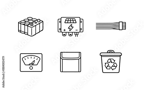 Set of six icons representing renewable energy and recycling components