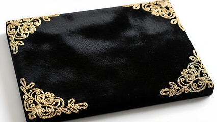 Elegant black velvet rectangular placemat with ornate gold corner accents, isolated on a white background.