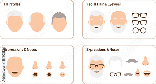 Character Builder Illustration Set Featuring Hairstyles, Facial Hair, Eyewear, Noses, Expressions, and Customizable Face Elements in Vector Style