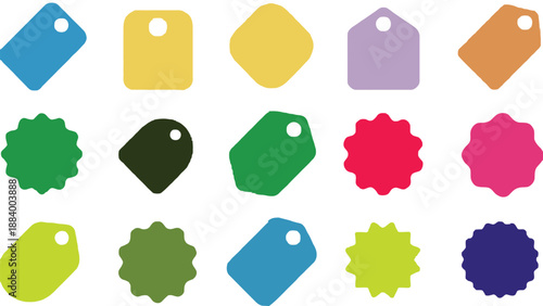A colorful collection of price tags and stickers on a white background