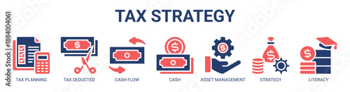 Tax Strategy web banner icon vector illustration concept with icon of tax planning, tax deducted, cash flow, cash management, asset management, investment strategy, and financial literacy.