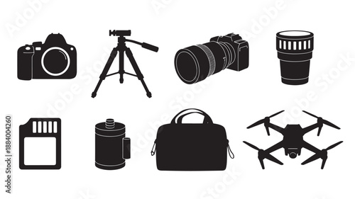 Photography equipment collection displayed on a clean white background with various devices and accessories