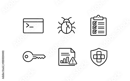 Collection of six simple line icons representing security, data, and technology concepts