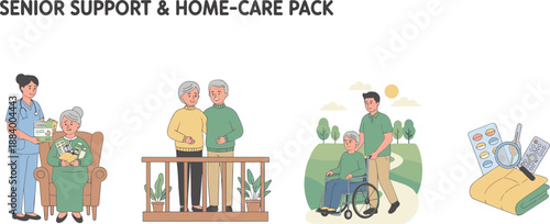 Senior Support and Home-Care Illustration Set Featuring Caregiver Assistance, Elder Companionship, Mobility Support, and Home Medication Elements