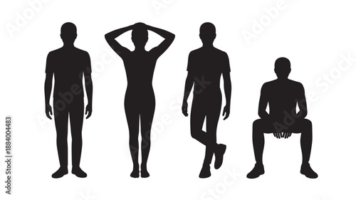 Silhouetted figures exercising in various poses on a plain background from a frontal viewpoint
