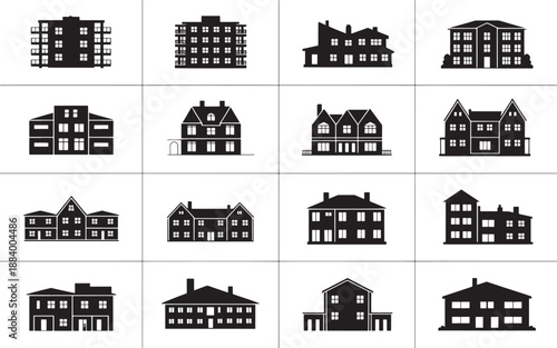 Collection of various building silhouettes against a clean background from different viewpoints and architectural styles