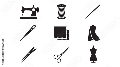 Sewing icons collection featuring equipment and accessories on a simple background viewed from directly above