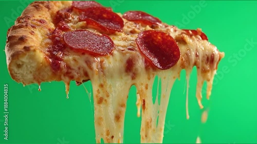 A slice of pepperoni pizza being lifted with melted cheese stretching, isolated on plain Green screen chroma key