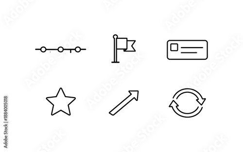 Collection of simple line icons representing common symbols like timeline, flag, card, star, arrow, and refresh