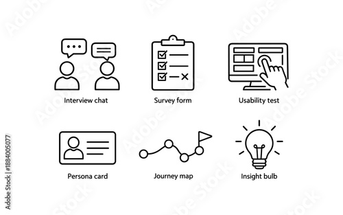 Set of icons representing user research, feedback, and idea generation for business