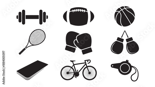 Various sports equipment icons including dumbbell, football, basketball, tennis racket, boxing gloves, bicycle, smartphone, and stopwatch displayed together.