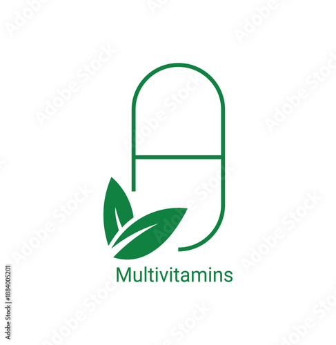 Minimal Multivitamin Capsule Icon with Green Leaf, Natural Supplement and Healthy Lifestyle Concept Logo Design for Vitamins, Nutrition, Wellness and Pharmaceutical Branding.