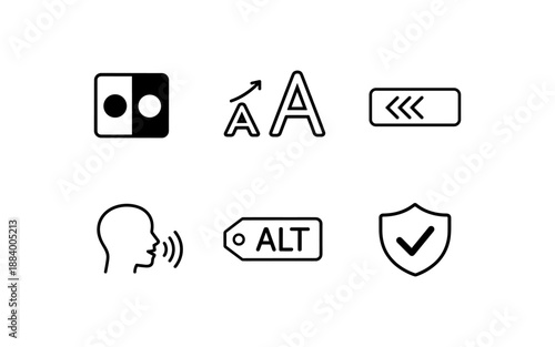 Collection of six simple black and white icons representing various digital functions and actions
