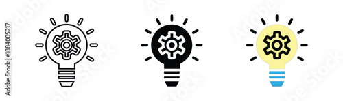 Light Bulb Idea Icon Set, Creative Innovation and Energy Symbols in Outline Black and Yellow Styles, Modern Flat Vector Illustration Isolated on White Background