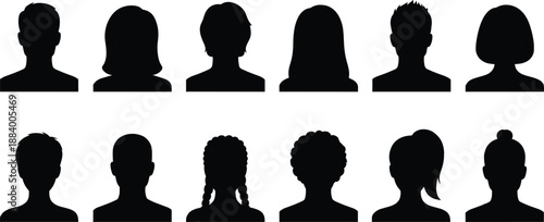Diverse people avatar silhouette collection featuring male female profiles with different hairstyles for user interface social media vector design icons