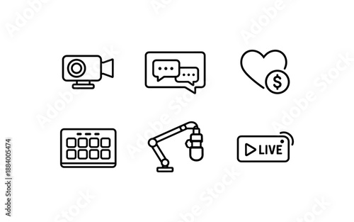 Set of icons for content creation and streaming, including camera, chat, and microphone