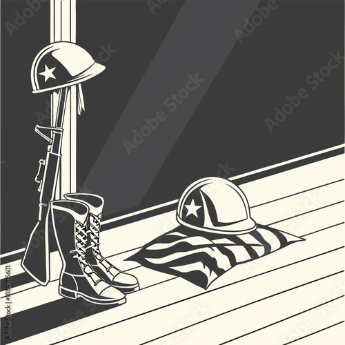 Solemn battlefield tribute honoring fallen soldiers with military gear displayed respectfully inside