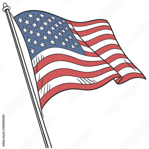 Waving illustrated representation of the United States flag proudly displayed on a tall pole