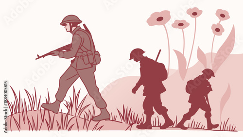 Soldiers marching across a field remembering fallen comrades near delicate remembrance poppies