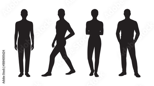 Collection of four human silhouettes standing and walking in different poses on a plain background from various viewpoints