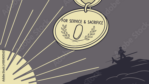 Minimalist illustration depicting a medal for service and sacrifice above a rescue operation