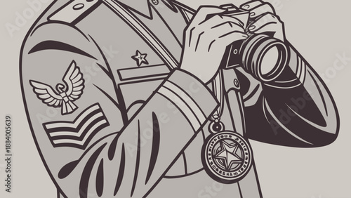 Military officer in uniform holding a vintage camera captures a moment with focus