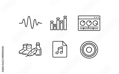 Collection of six simple line art icons representing audio and sound concepts