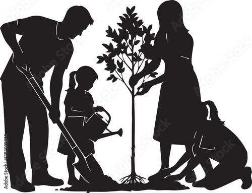 Family planting tree together vector silhouette illustration parents and children involved in gardening