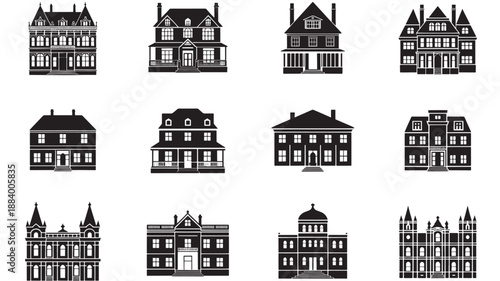 Collection of various architectural building designs displayed in a grid layout on a clean background from a straightforward viewpoint