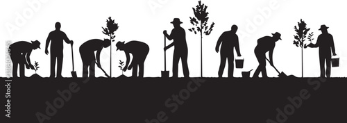 Group planting trees silhouette illustration of people working together outdoors planting saplings