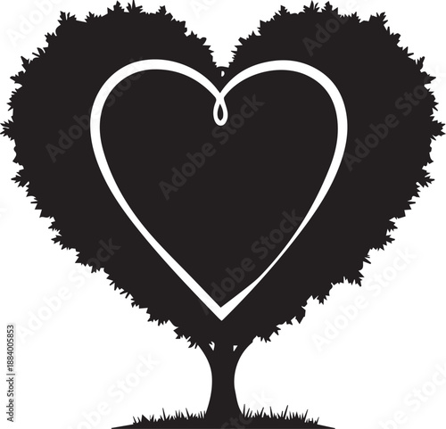Heart shaped tree silhouette with swirling line art on transparent background vector illustration