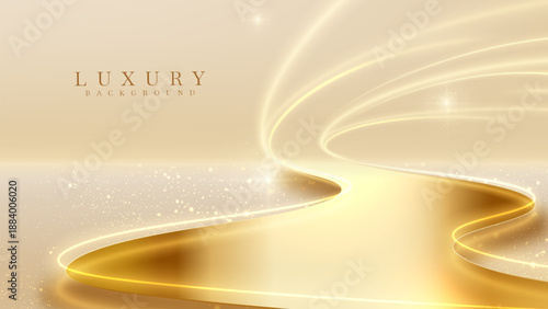 Luxury gold background featuring a shiny golden pathway with smooth curved lines and sparkling light effects suitable for wedding, product display or award events, vector illustration.