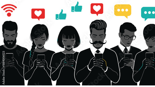 A group of people using their smartphones with social media icons above