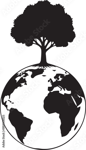 Tree silhouette growing on planet earth vector illustration save nature