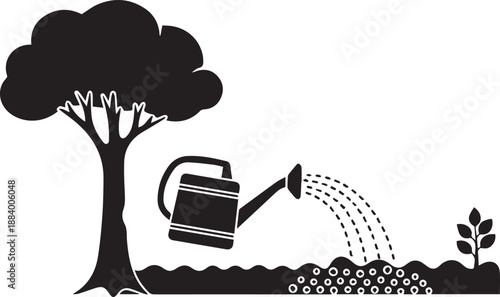 Watering can garden scene vector illustration line art silhouette tree and small seedling