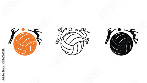 Three volleyball logos with players in different colors on white background