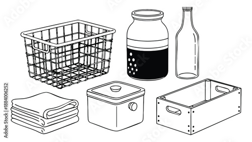 A collection of household items on a plain white background