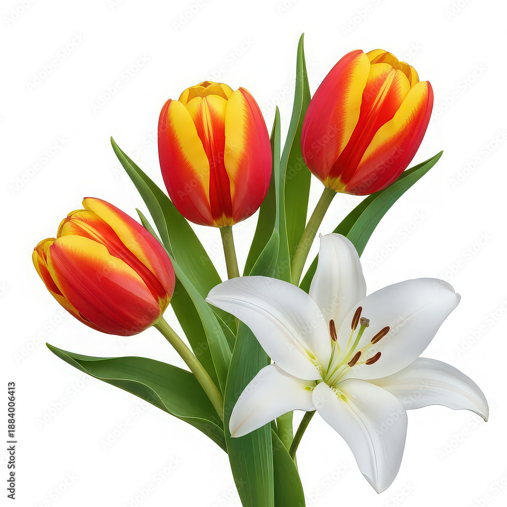 Fototapeta premium Vibrant red and yellow tulips arranged with a pure white lily against a clean white background
