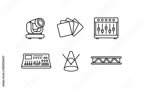 Collection of stage lighting and sound equipment icons for event production
