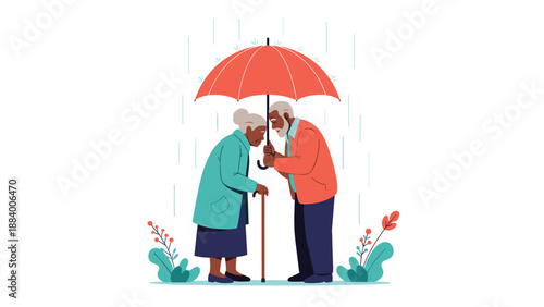 Senior african american couple standing close together under a red umbrella while protecting each other from the rain.