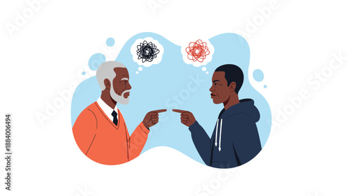 Two men of different generations pointing fingers at each other with tangled thought bubbles representing a conflict.