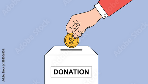 Person putting a gold dollar coin into a white donation box representing charity, philanthropy, and social support.