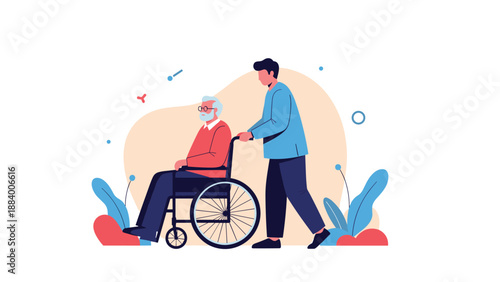 Young man pushing an elderly senior man in a wheelchair through a park area representing family care and assistance.