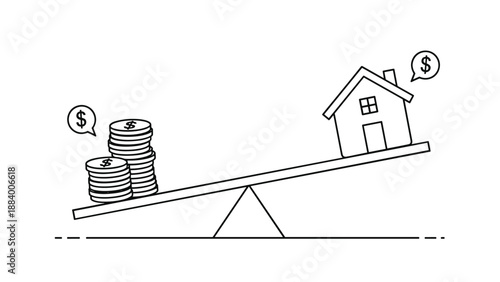 Conceptual image showing stacks of coins and a small house on a balancing scale representing property value and cost.